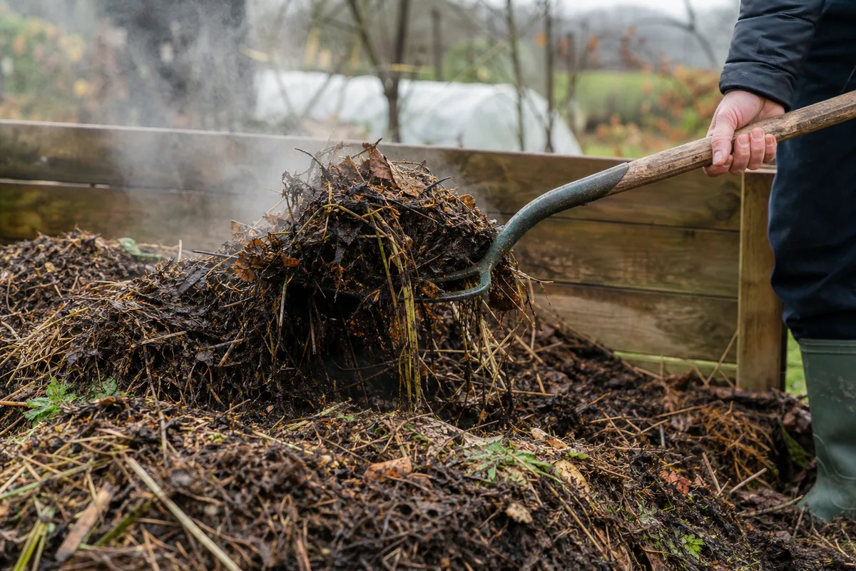 Turning a compost pile with a garden fork