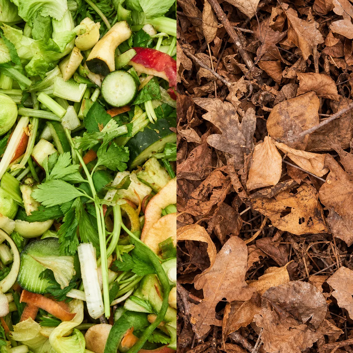Green kitchen scraps beside brown dry leaves for composting
