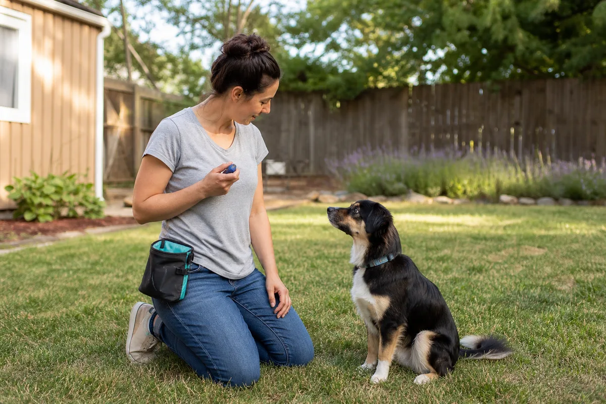 An owner training a sitting dog with a clicker and treat pouch