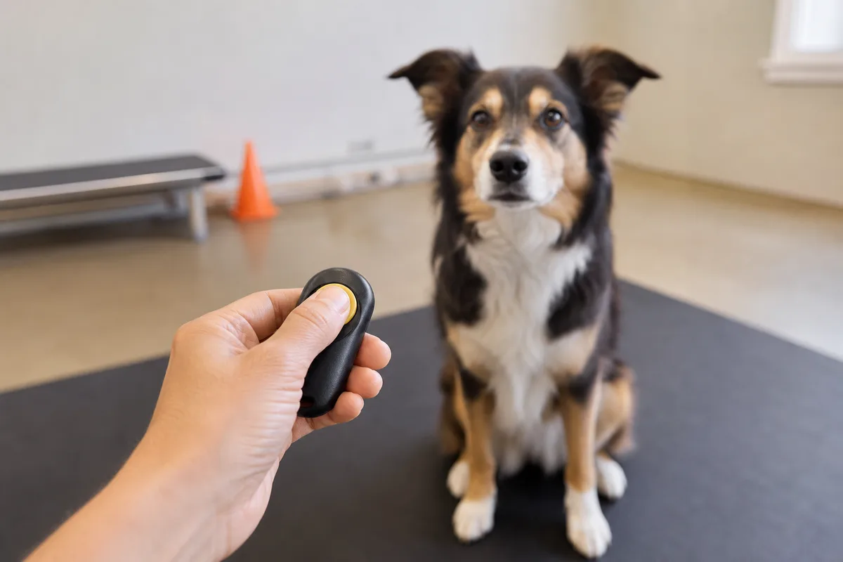 Pressing a training clicker as a dog sits
