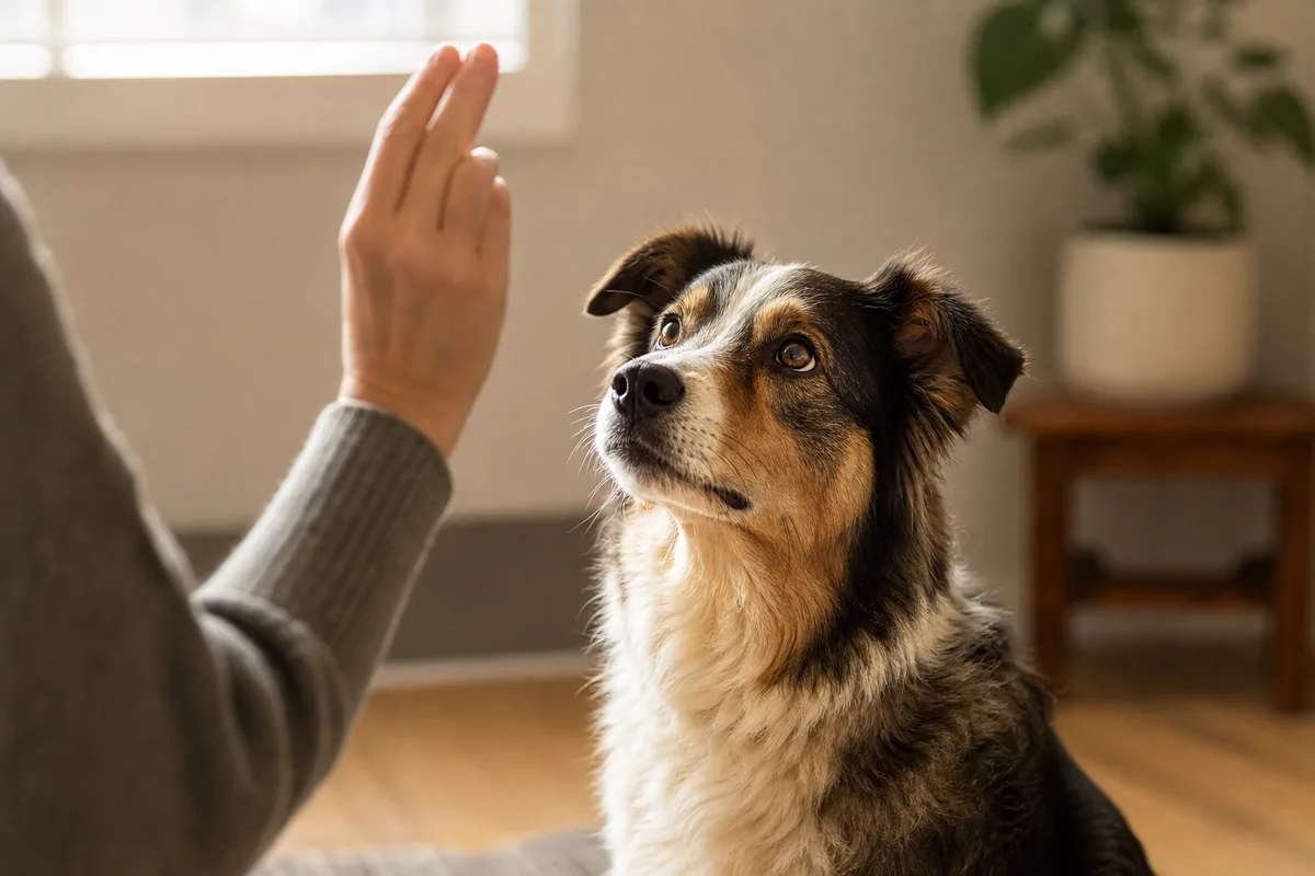 A dog watching its owner's hand signal during training