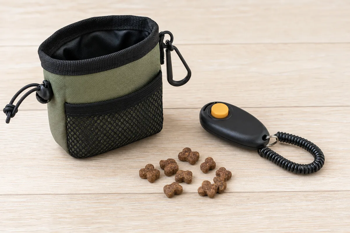 A dog training treat pouch and clicker laid out on a table