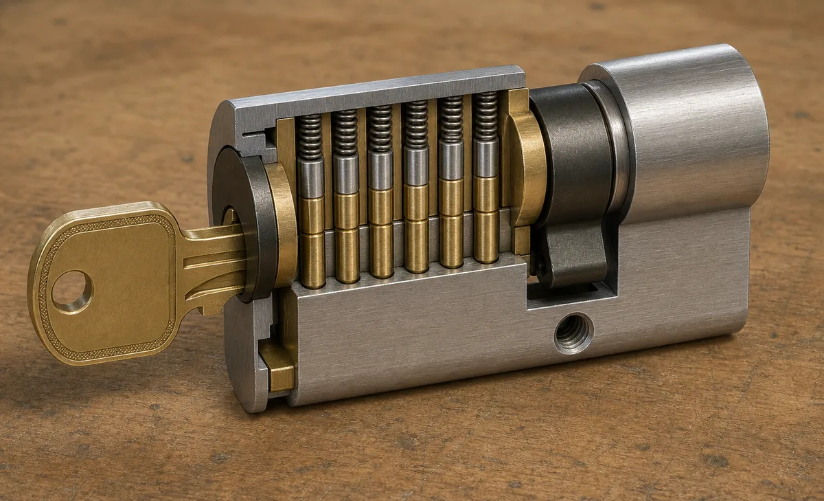 An exposed pin-tumbler lock cylinder on a workbench