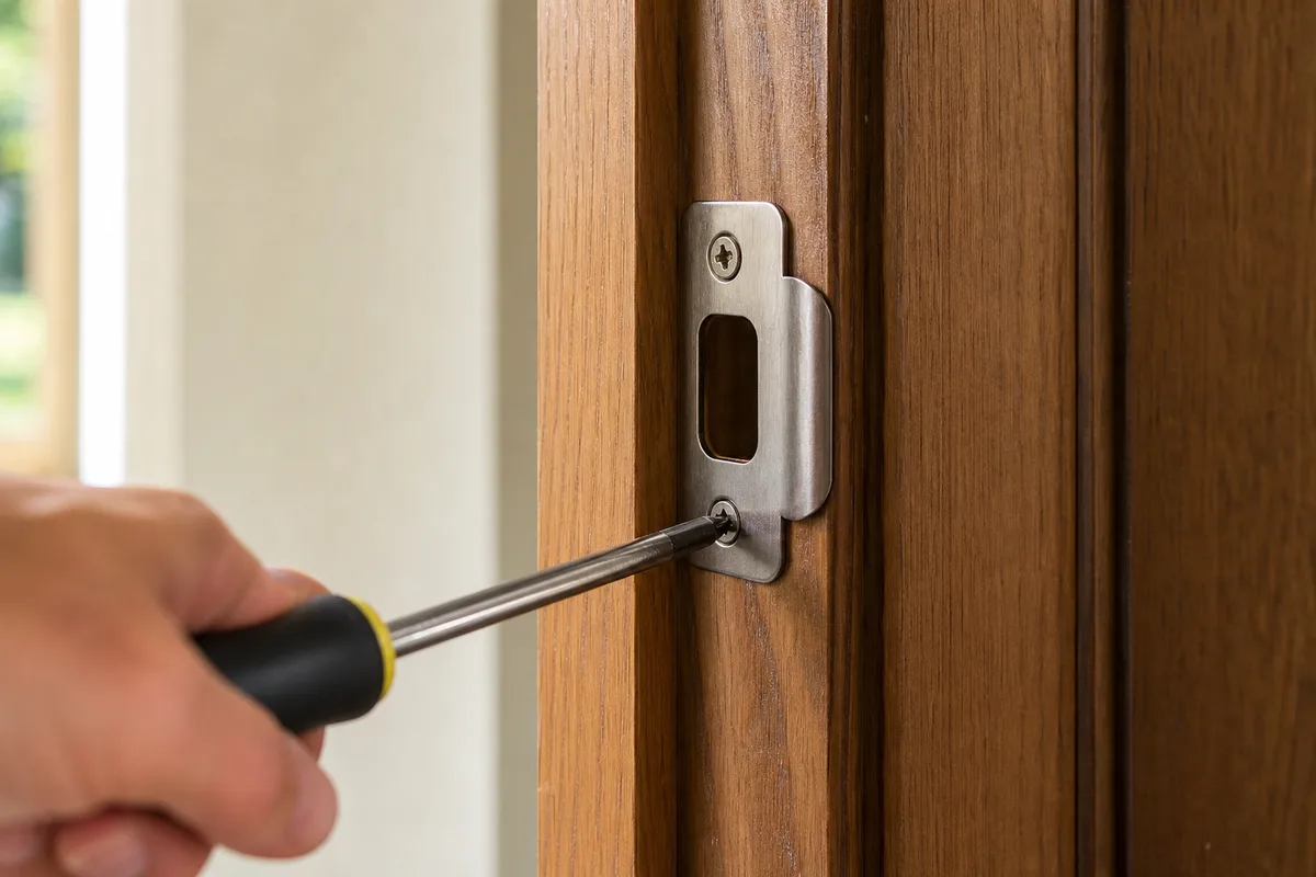 Adjusting a strike plate on a door frame with a screwdriver