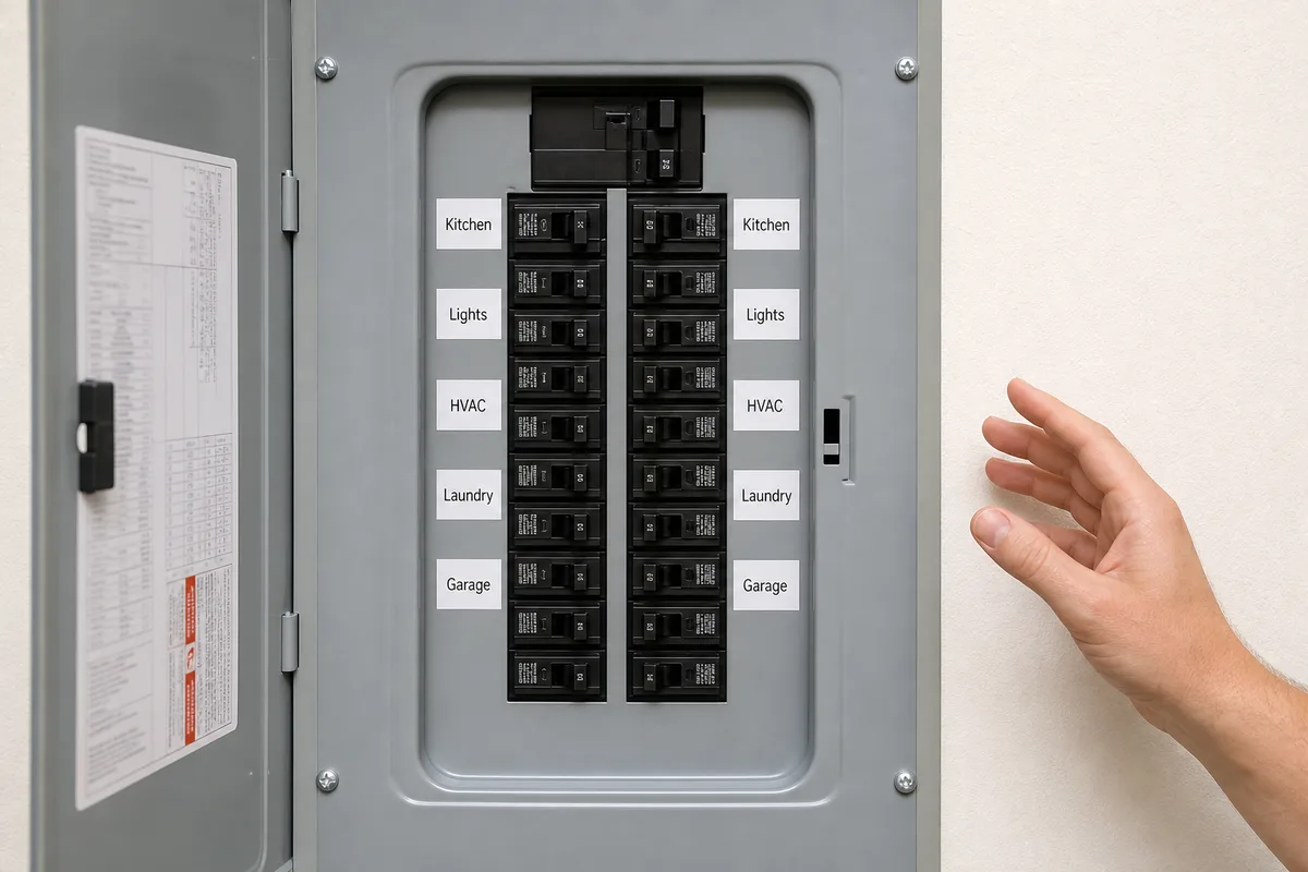 A labeled residential electrical breaker panel