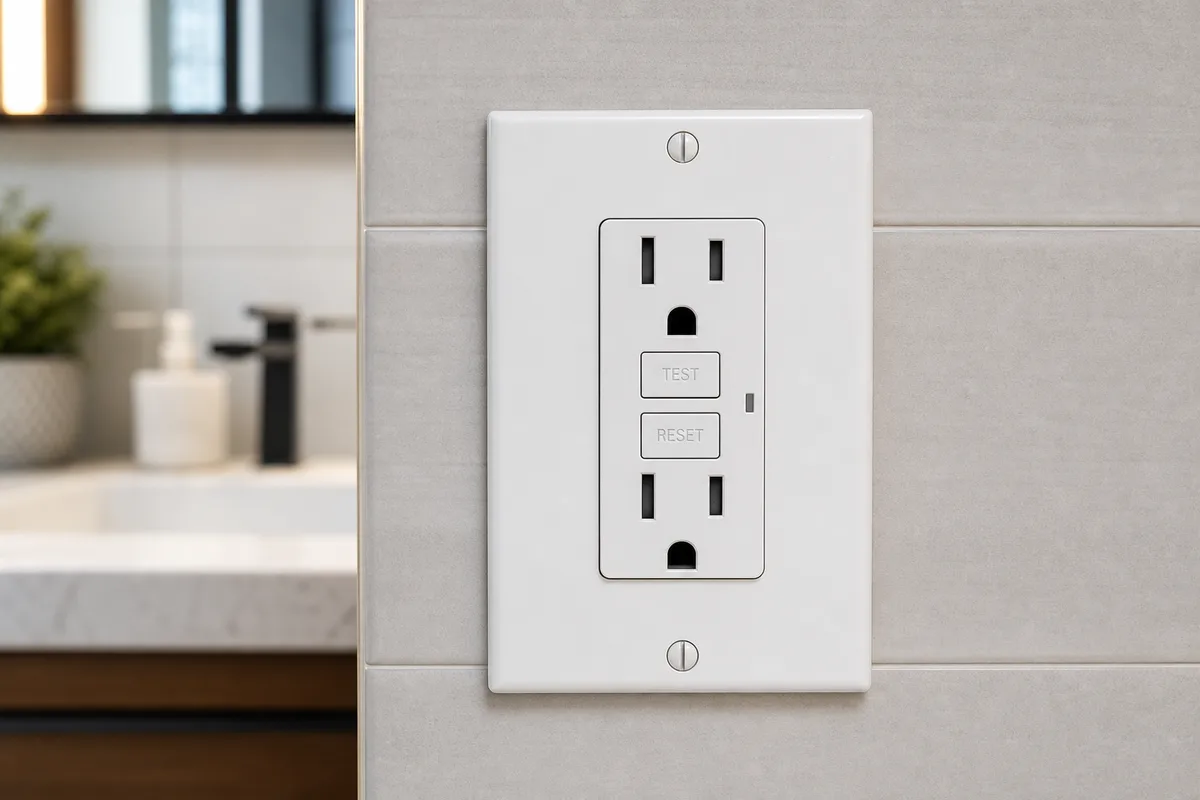 A close-up of a GFCI outlet showing test and reset buttons