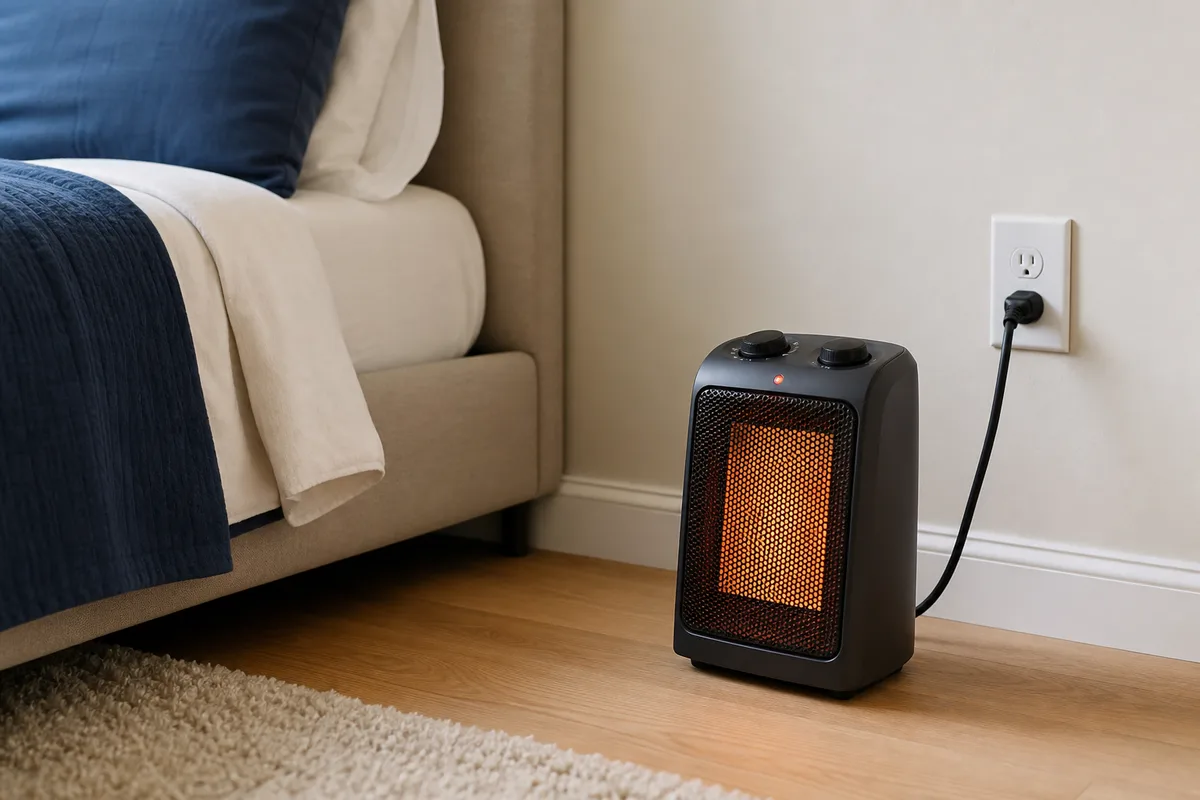 A space heater plugged into a bedroom wall outlet