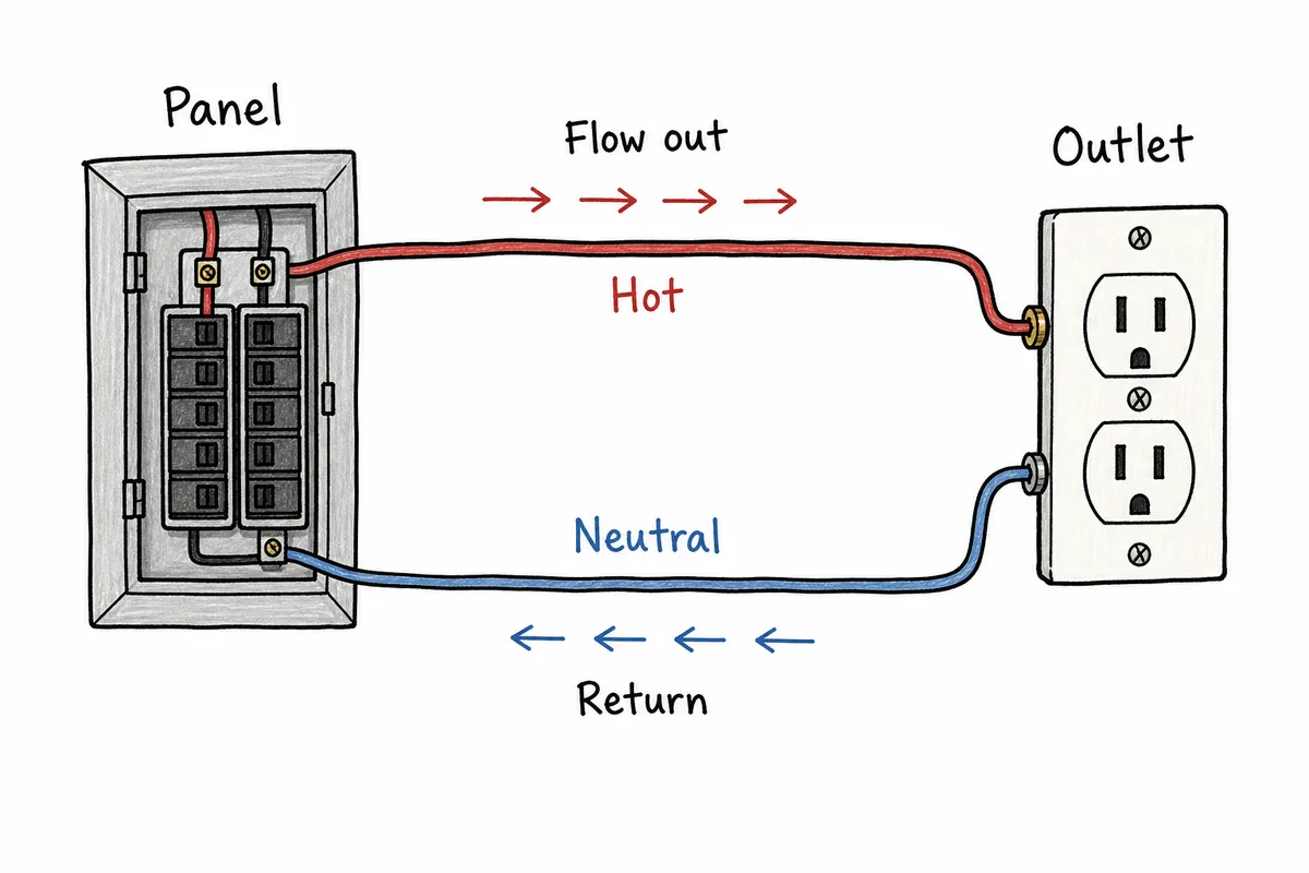 A hand-drawn diagram of an electrical circuit from panel to outlet