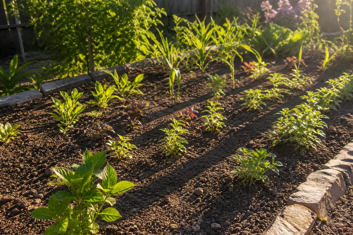 Morning sunlight falling across a backyard garden bed