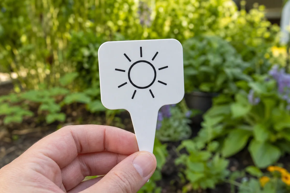 A plant tag showing a full-sun light symbol