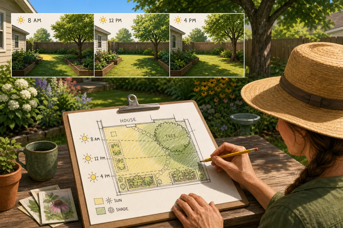 A gardener mapping sun hours on a sketch of their yard