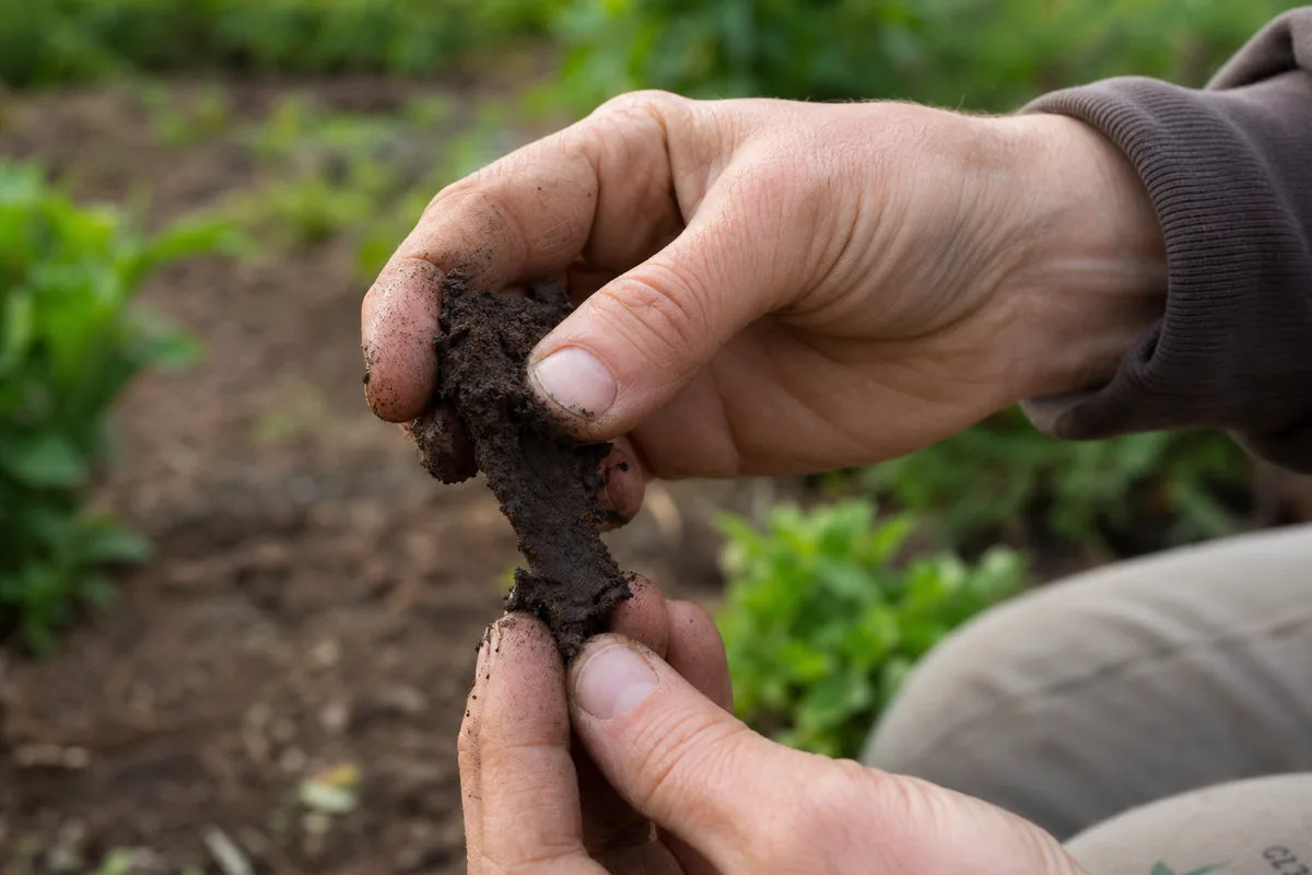 A gardener squeezing soil into a ribbon to test its texture