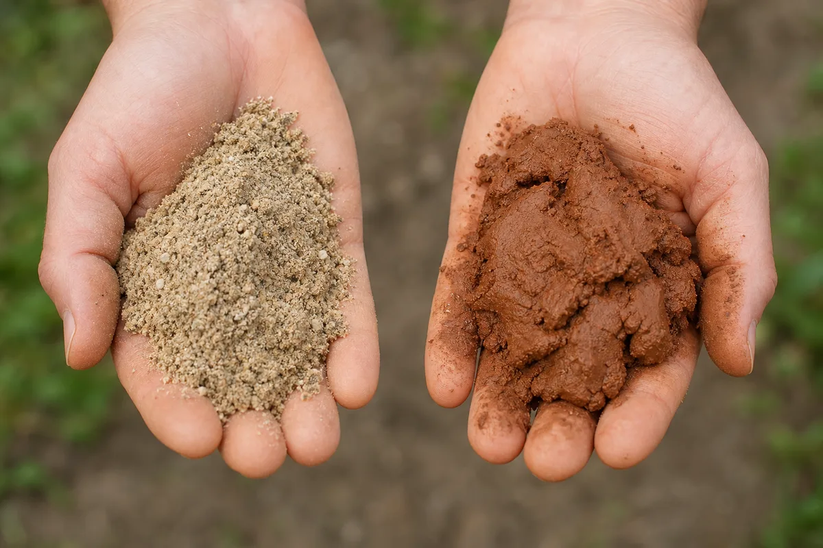 Sandy soil and clay soil compared in two hands
