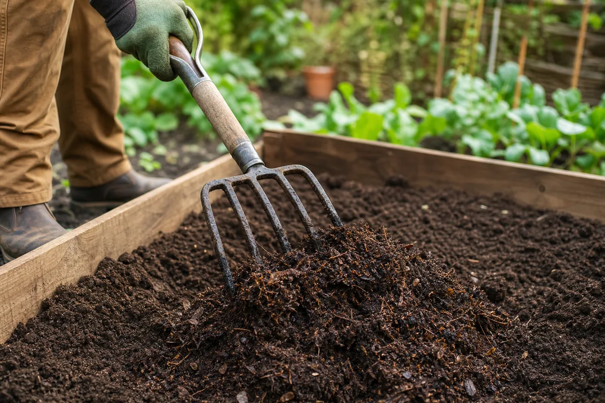 Working compost into a garden bed with a garden fork