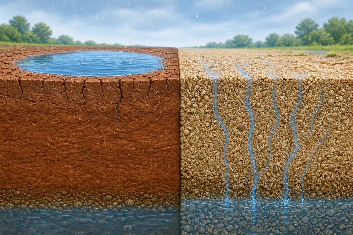 Water pooling on clay soil beside water draining through sandy soil