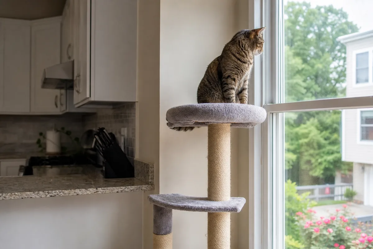 A cat perched on a tall cat tree beside a kitchen window