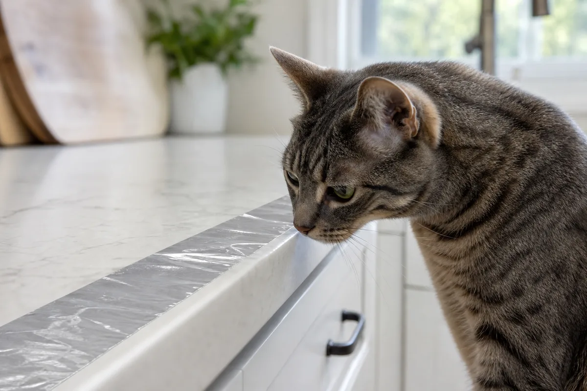 A cat investigating a counter edge lined with deterrent tape
