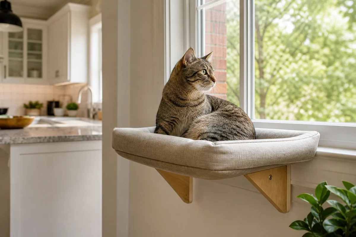 A cat resting on a window perch offered as a counter alternative
