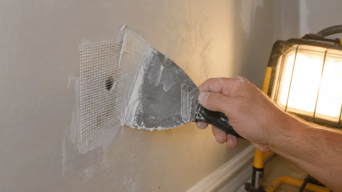 Spreading joint compound over a mesh patch on a drywall hole