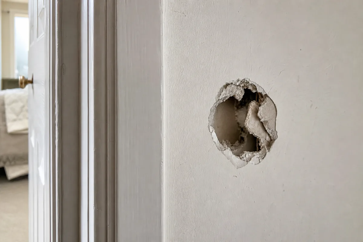 A fist-sized hole in a drywall wall before repair