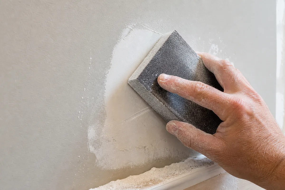Sanding a dried drywall patch smooth with a sanding block