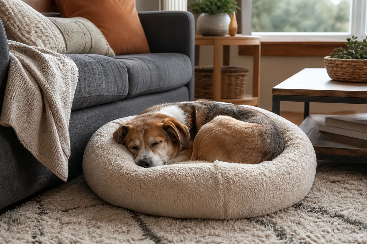 A dog curled up in a bolstered round bed