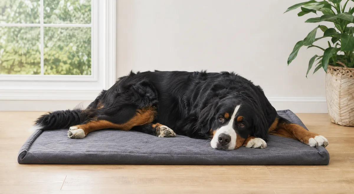 A large dog sprawled flat on a mat-style bed