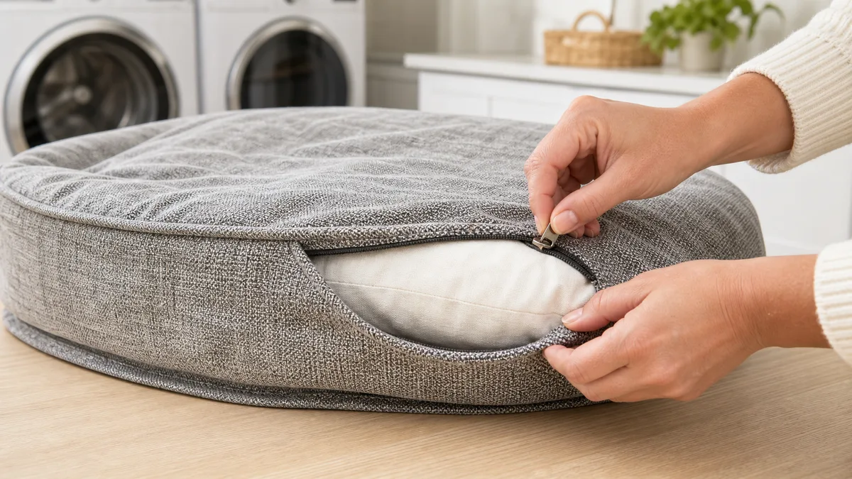Unzipping a removable dog bed cover for washing