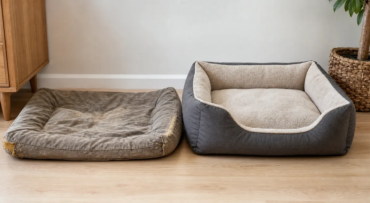 A flattened worn dog bed beside a newer replacement