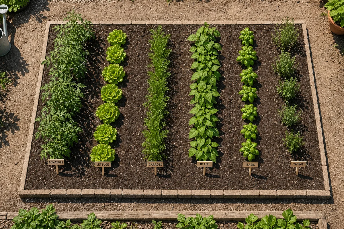 An overhead view of a planned backyard vegetable bed with spaced rows