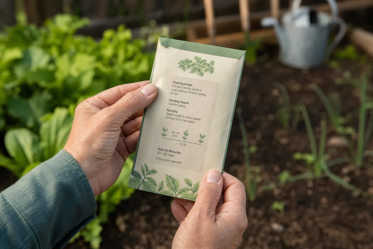 A gardener reading spacing guidance on a seed packet