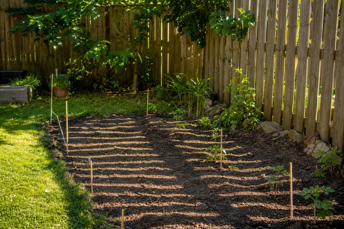 A backyard garden area showing shade cast by a fence