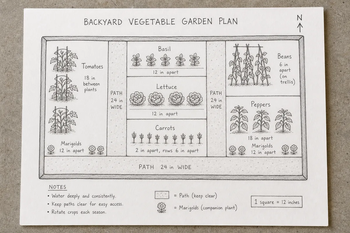 A hand-drawn vegetable bed layout with crop spacing notes