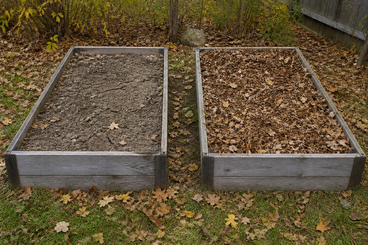 Two raised beds side by side, one left bare and one covered with leaf mulch