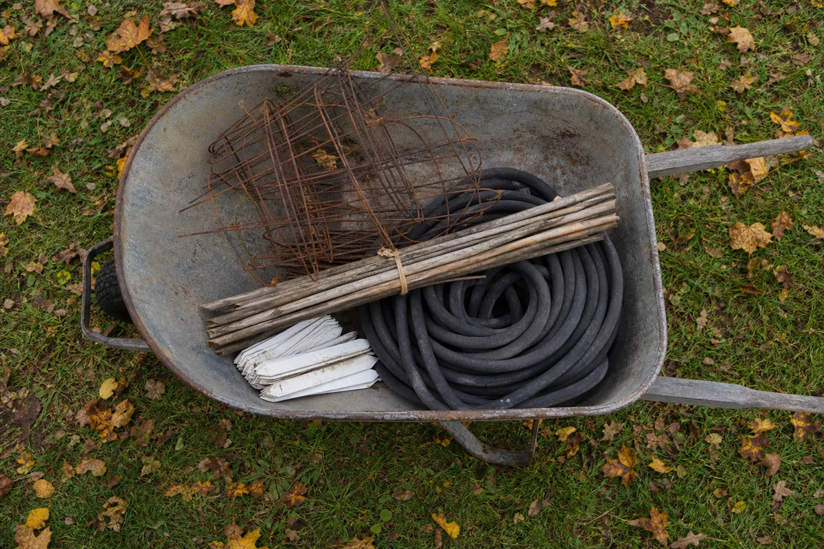 Tomato cages, stakes, and plant labels collected in a wheelbarrow for storage