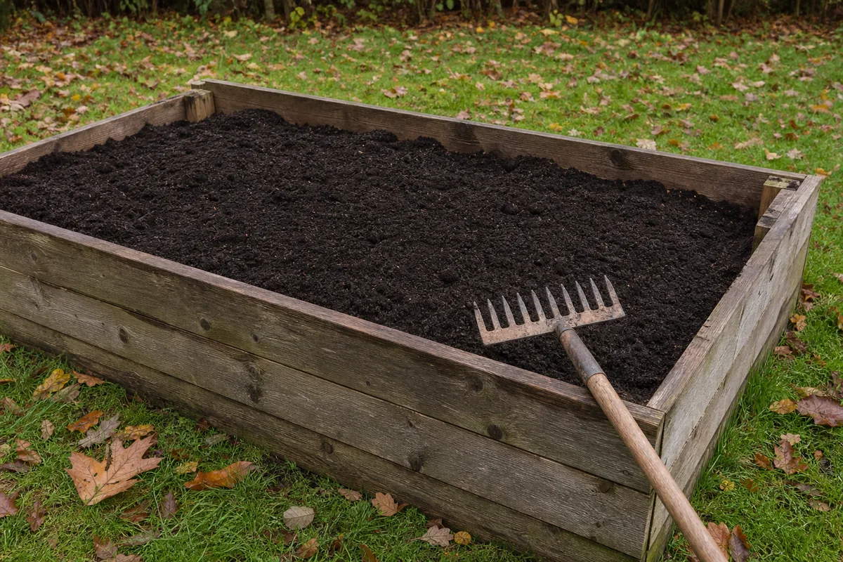 A layer of compost spread across the surface of a garden bed with a rake resting on the edge