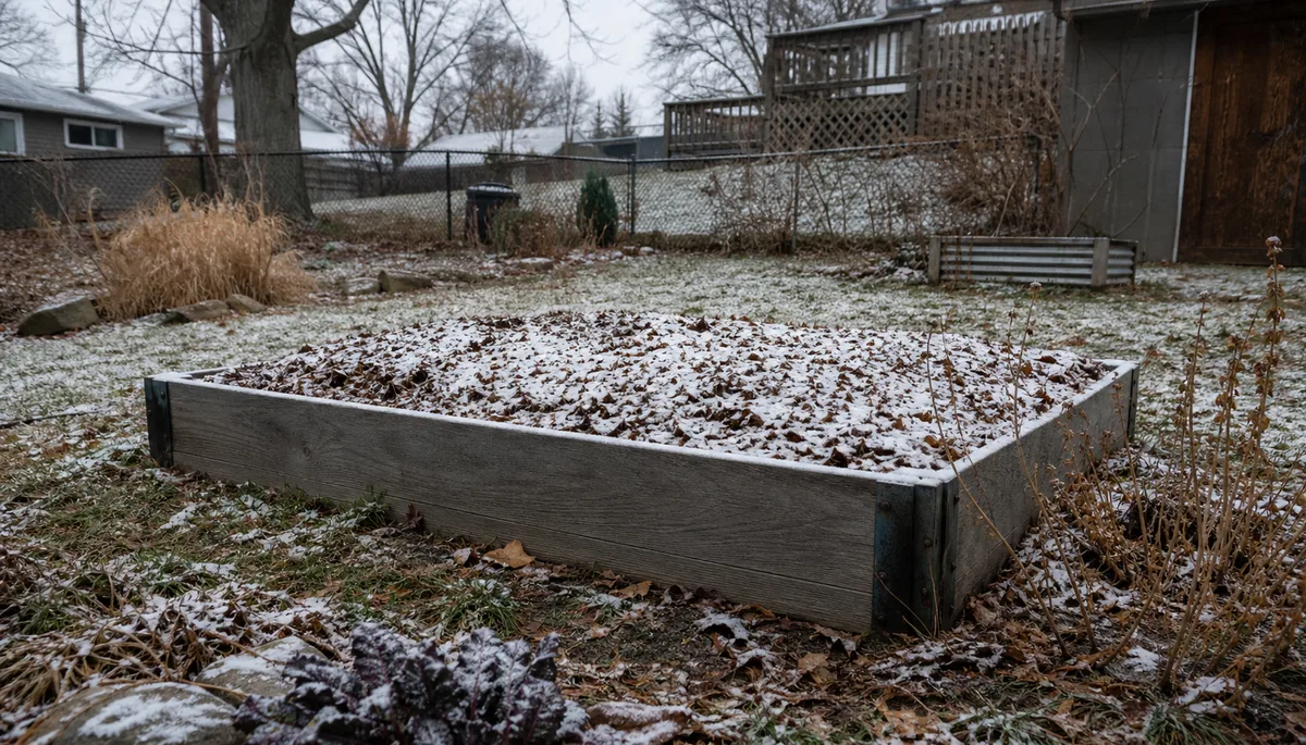 A closed garden bed under the first light snow of the season