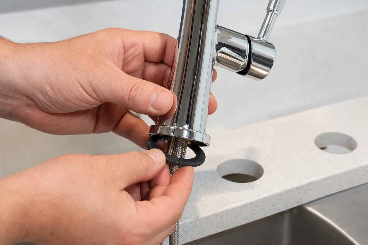 Fitting a gasket to the base of a new bathroom faucet