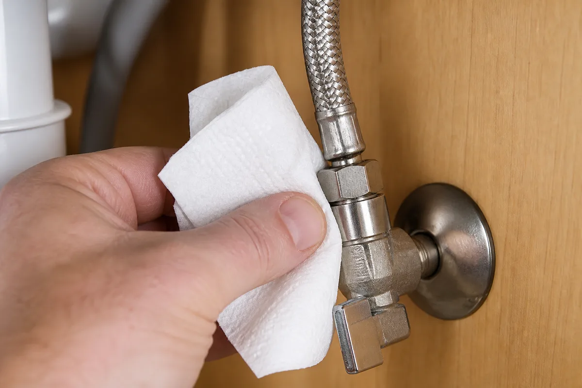 Checking a faucet supply line joint for leaks with a paper towel