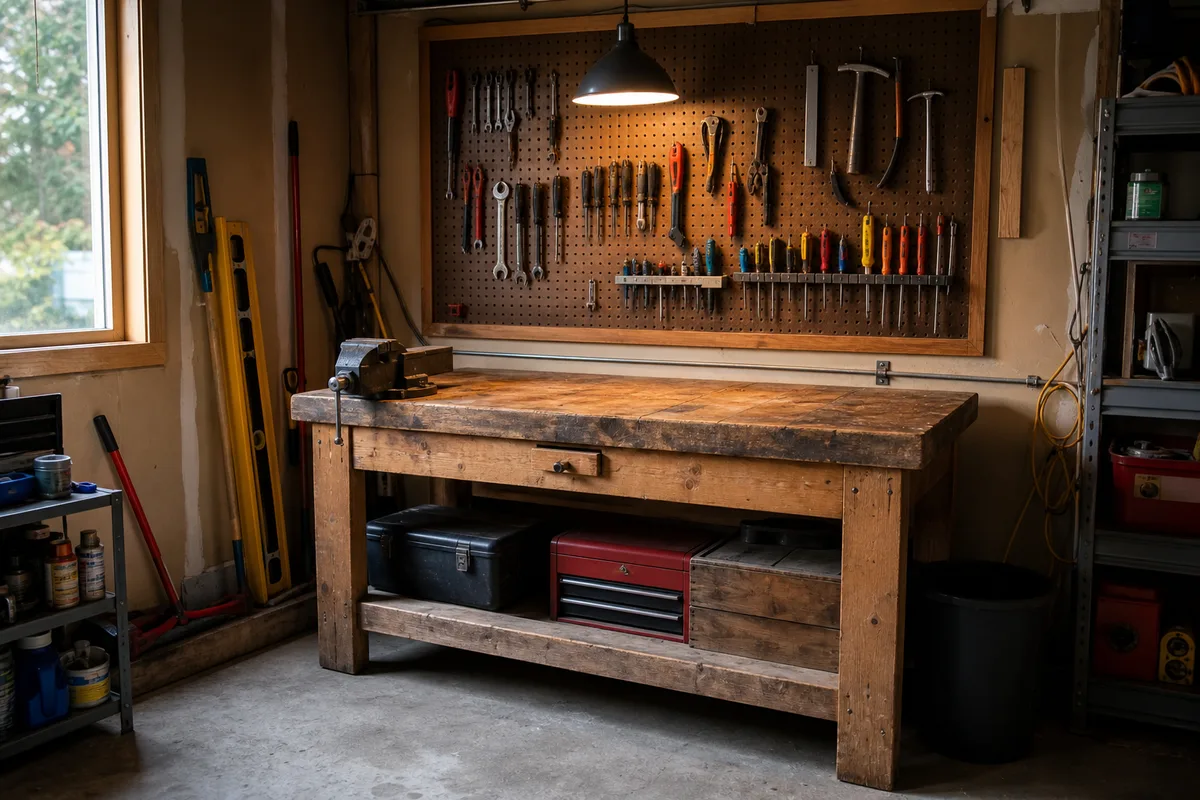 A small home workshop set up in a garage corner with a workbench and pegboard