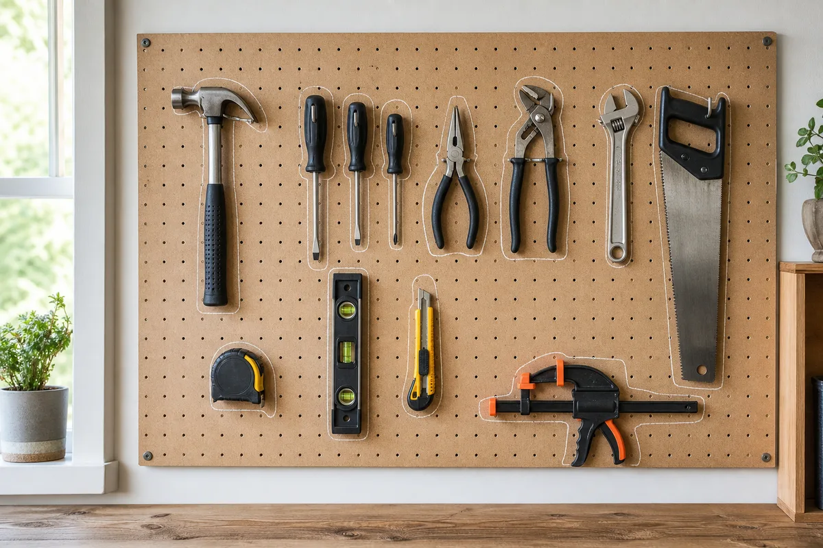 A pegboard organized with hand tools in a home workshop