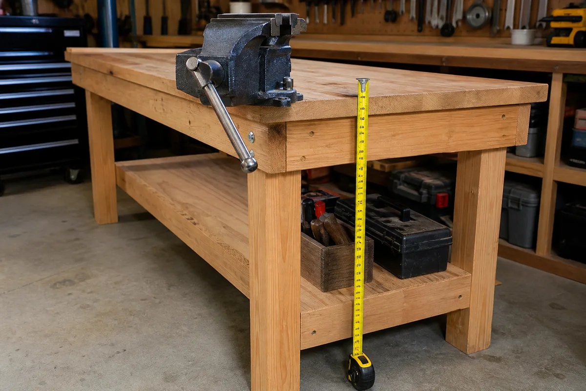 A workbench with a corner-mounted vise in a home shop