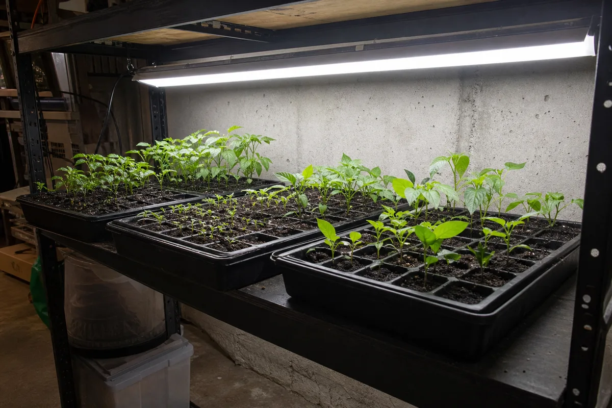 Seed trays growing under a shop light on an indoor shelf