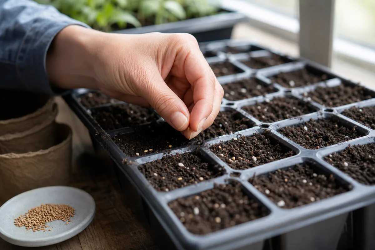 Sowing seeds into a cell tray filled with seed-starting mix