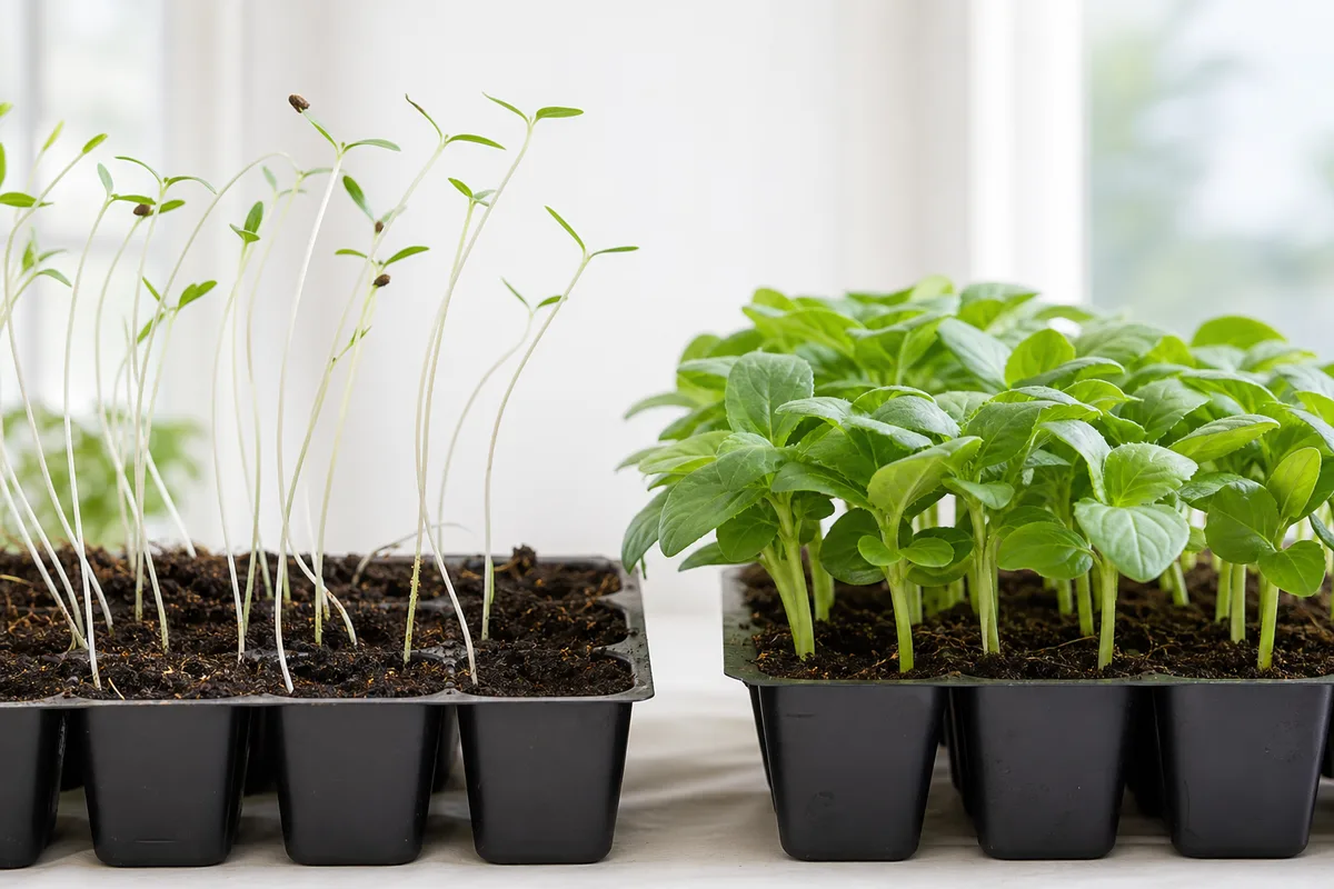 A comparison of leggy stretched seedlings beside compact healthy ones