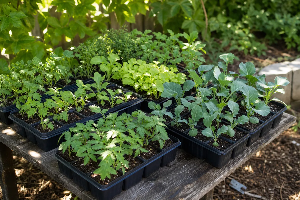 Seedling trays set outdoors in shade to harden off before transplanting