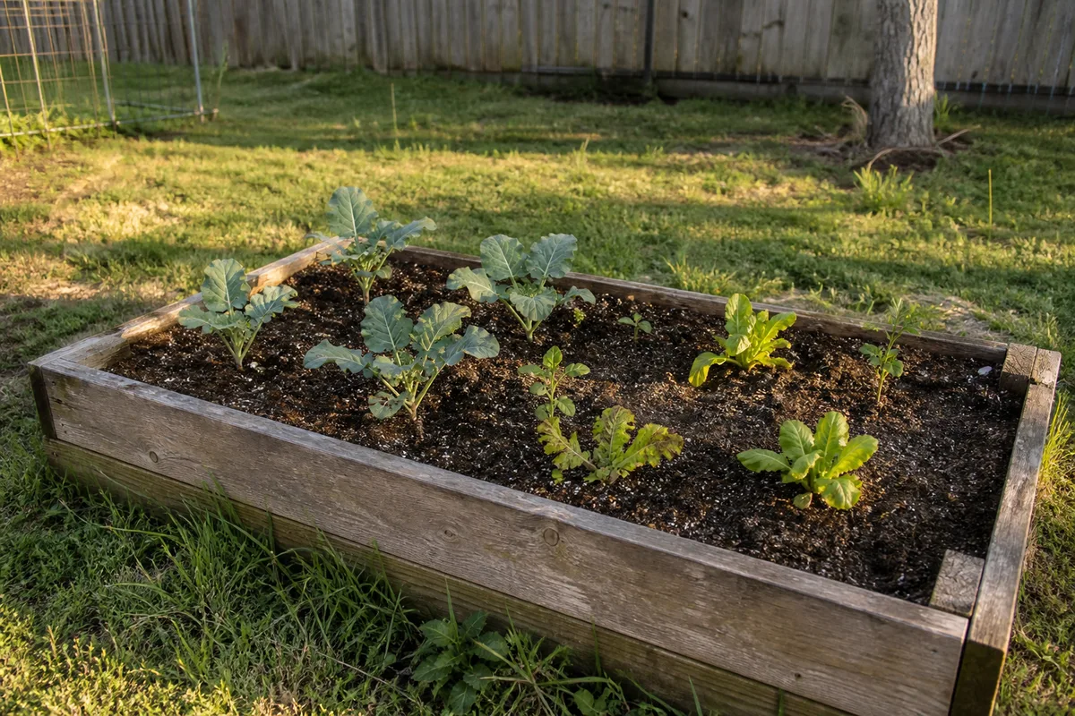A single raised garden bed with young vegetable plants in a backyard