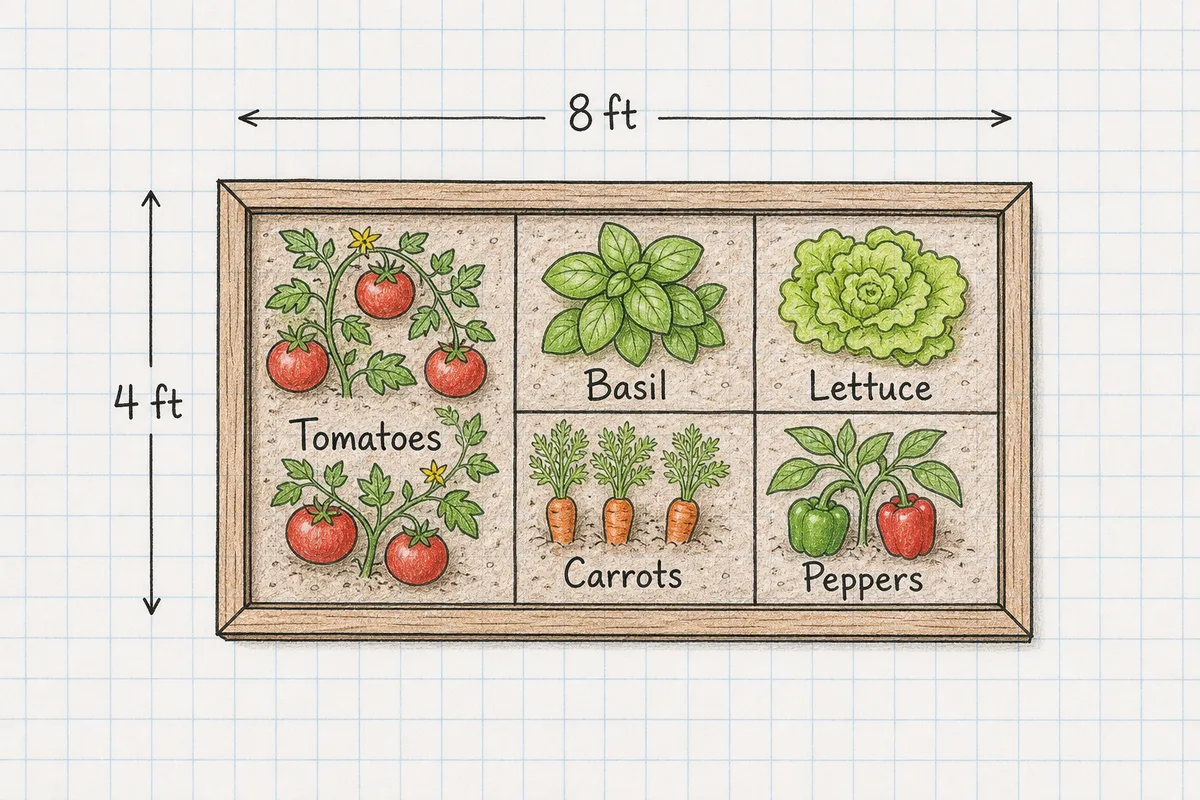 A hand-drawn garden bed plan on graph paper
