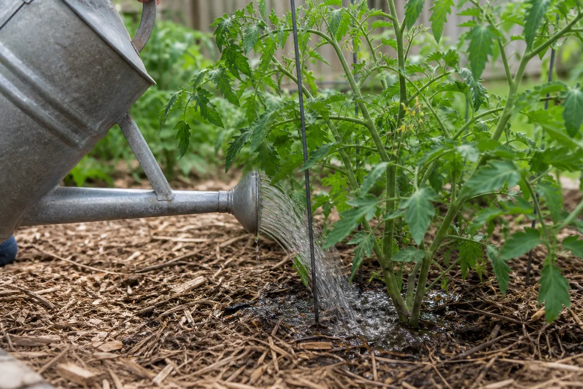 Watering the base of a tomato plant with a watering can