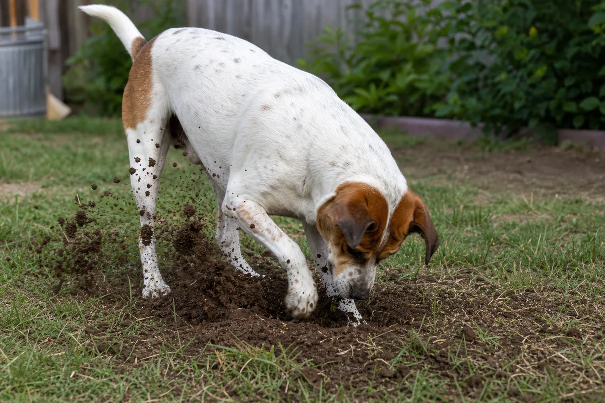 A dog digging a hole in a backyard